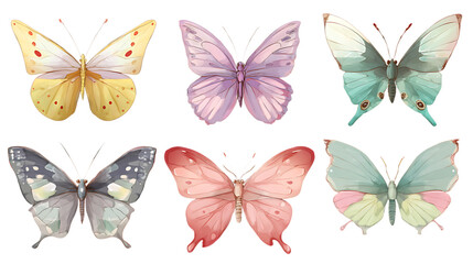 Set of six pastel-colored butterflies on white background. 