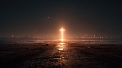 Obraz premium Glowing cross stands over a field, city lights blurry afar. Perfect for faith, religious themes, Easter and hope concepts.