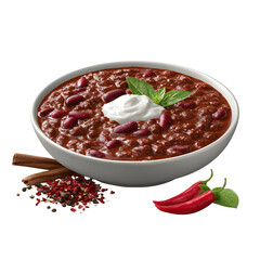 Hearty chili in white bowl with garnishes on transparent background