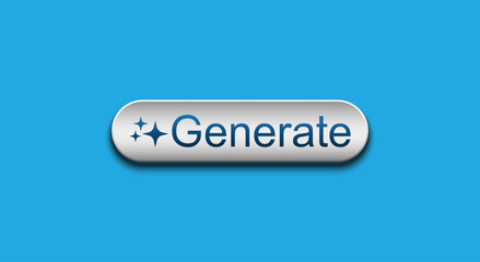 Modern 3D "Generate" button with a shiny effect and sparkle icon on a light blue background. Represents AI, creation, and user interface actions. Simple and clean design element. Vector EPS10.
