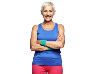  Confident Senior Woman Athlete with Arms Crossed, Full Body Portrait, Isolated on Transparent Background