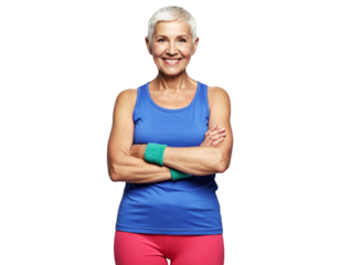 Confident Senior Woman Athlete with Arms Crossed, Full Body Portrait, Isolated on Transparent Background