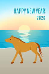 2026年賀状テンプレート 海辺を歩く馬と初日の出の風景イラストデザイン