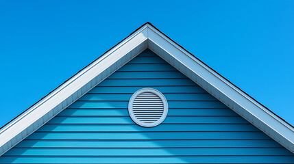 Striking Blue Triangular House Roof Peak with Vent Under Clear Sky, Generative AI