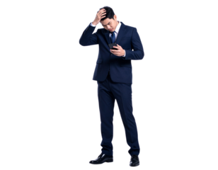  Worried Businessman in Formal Suit Checking Mobile Phone, Hands on Head, Isolated on Transparent Background 