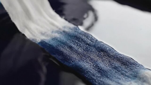 Close-Up of Fabric Immersed in Blue Dye Liquid with Visible Textured Weave and Dyeing Process on Dark and Light Backgrounds Showcasing Material Transformation 198 Characters