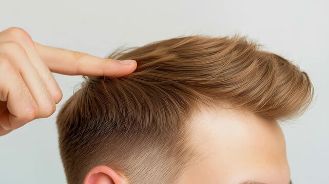 Male haircut short sides side part blonde hair finger comb neat style closeup grooming soft light modern look evoking confidence short haircut male