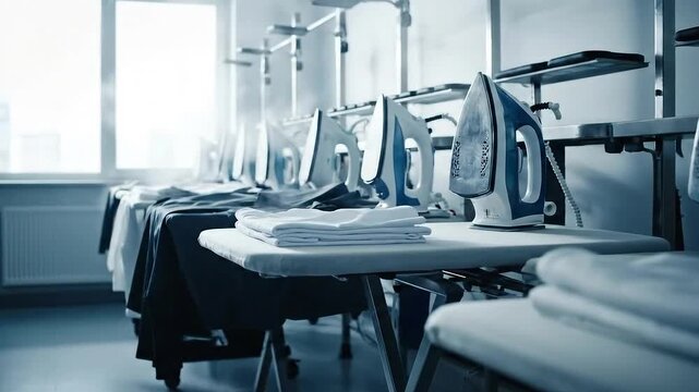 Row of Steaming Irons on Ironing Boards in a Laundry Facility with Folded White Clothes Stacked Neatly in a Blue Toned Room Lit by a Bright Window Creates an Industrial Laundry Setting