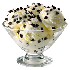 Delicious vanilla ice cream sundae with chocolate chips in a glass bowl