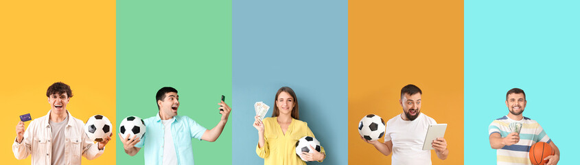 Set of people placing sports bets on color background