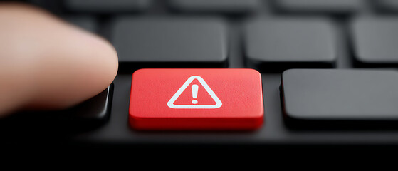 Red Warning Button Being Pressed on a Black Keyboard During an Important Notification or Alert