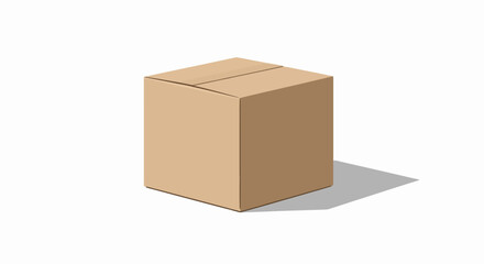 Illustration of a closed tancolored cubeshaped cardboard box with a cast shadow on a white background