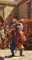 Animated baboon juggler in colorful costume performing outdoors for an audience