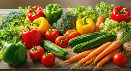 Fresh vibrant produce peppers, tomatoes, carrots, cucumbers, lettuce, & broccoli