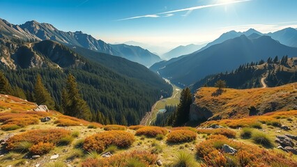 Majestic Alpine Landscape Featuring Mountain Ranges, Valleys, Forests, and Golden Meadow Under a Clear Sky