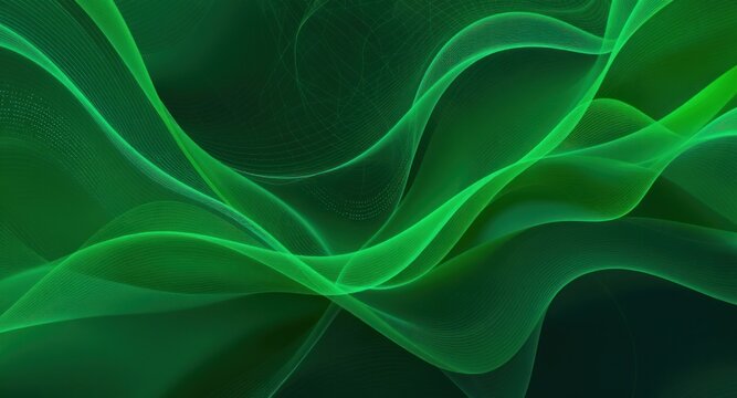 Green, flowing, abstract waves of light, transparent mesh overlapping