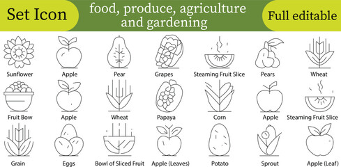 Food Produce Agriculture & Gardening Set Icon: Sunflower, Apple, Pear, Grapes, Wheat, Papaya, Corn, Potato, Sprout, Editable Line Art