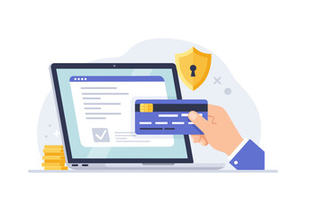 Secure Online Payment with Credit Card on Laptop.