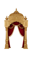 Ornate Golden Arch With Red Velvet Curtains And Intricate Floral Designs Isolated On White