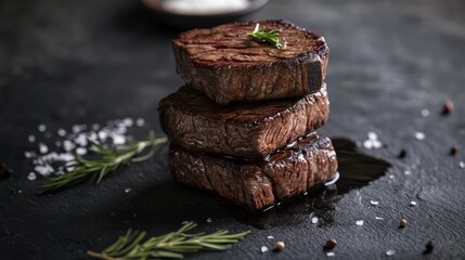 Juicy grilled steak is presented on a dark stone surface with fresh herbs and sea salt