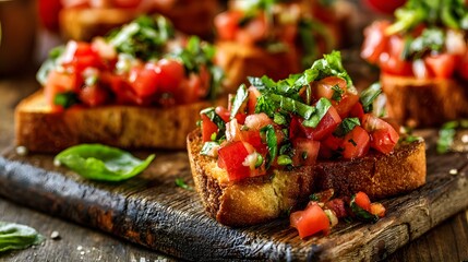 Italian bruschetta with bite missing, fresh tomato topping close up, rustic breadboard background with copy space 