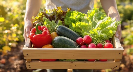 Hands hold a crate brimming with freshly harvested vegetables in sunlight