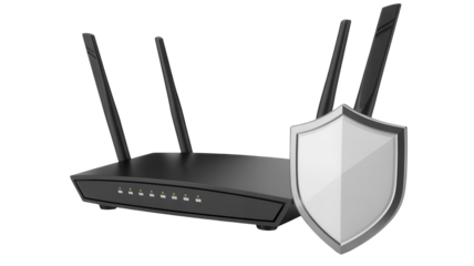 Modern wireless router with external antennas protected by a silver shield symbolizing network security and data protection