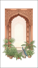 Ornate Archway With Tropical Plants And Peacock Illustration For Wallpaper Design
