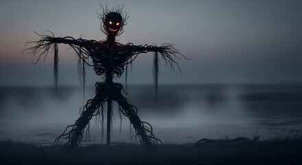 Eerie scarecrow silhouette against a misty backdrop, perfect for Halloween, horror themes, or suspenseful visual novels. Ideal for dark fantasy book covers, game art.