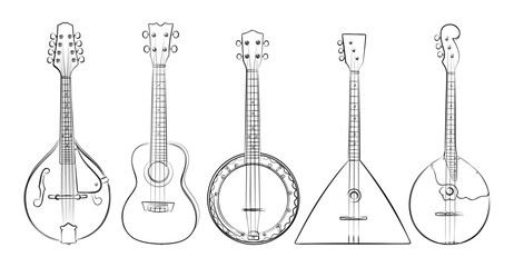 A sketch of ancient stringed folk musical instruments.
