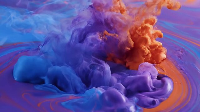Abstract blue, purple, and orange paint swirling and mixing in liquid - Powered by Adobe