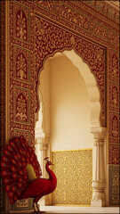 Elegant Ruby Peacock With Intricate Indian Palace Archway And Golden Ornamentation Design