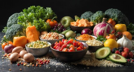 Healthy assortment of colorful vegetables, fruits, grains, and eggs on table
