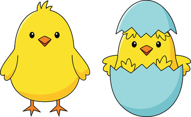 Cute yellow chicks illustration, baby chicken and hatching chick in eggshell, Easter concept, adorable cartoon farm animals for kids design