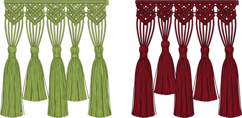 Decorative tassel fringe trim, macrame border design, textile ornament pattern, curtain edge decoration, handmade rope tassels, fabric craft embellishment, home decor accessory