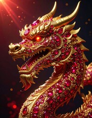 Obraz premium A stunning, jewel-encrusted dragon with golden scales and fiery eyes, radiating a mystical and powerful aura against a dark background.