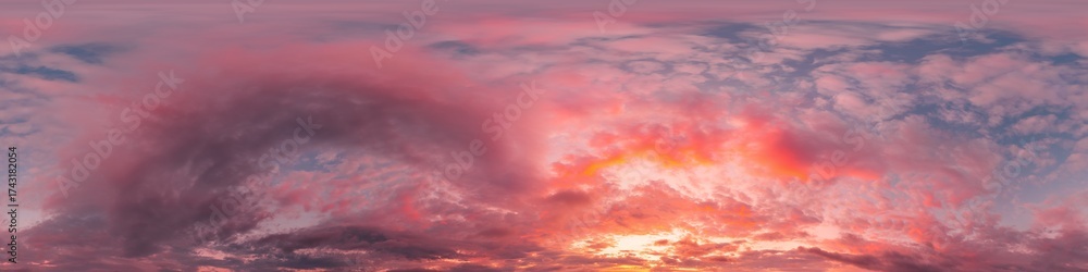 Wall mural sunset sky panorama with bright glowing pink cirrus clouds. hdr 360 seamless spherical panorama. ful
