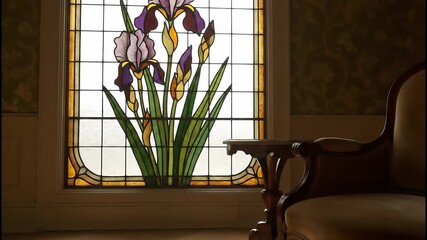 A stained glass window depicting purple and yellow irises is framed by a classic wooden chair. The still life captures an ornate home interior with natural daylight. - Powered by Adobe