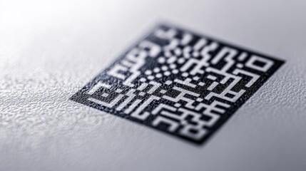 Close-up view of a black and white QR code printed on textured paper surface