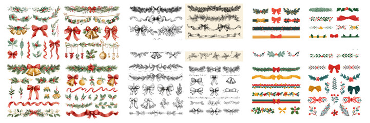 Collection of festive Christmas garlands, ribbons, bows, and decorative borders in colorful and sketch styles. Perfect for holiday cards, invitations, and festive design projects.