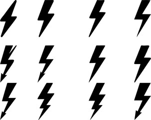 Black lightning bolt icons on white. Thunderbolt symbols.