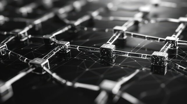 Digital network connections create a complex web of data and technology in a sleek black and white design