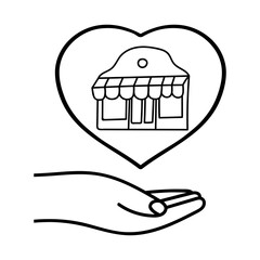 Fototapeta premium Helping Local Business Vector Icon, Hand Holding Store in Heart, Outline Illustration on white background.
