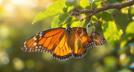 Monarch butterfly rests on a branch, bathed in golden sunlight