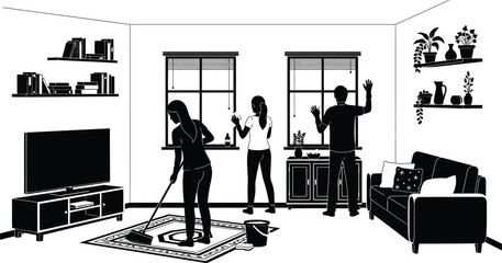 House cleaning service team cleaning home interior vector art