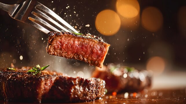 Sizzling steak cut with knife, fork holding slice in the air, juicy pink center visible, elegant restaurant background with copy space 