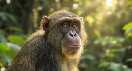 Monkey in dappled sunlight gazes towards camera, with lush green background