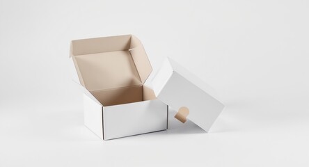 Open white box with an off-white interior, next to a closed white box