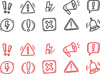 Collection of Hand Drawn Warning and Alert Icons in Black and Red