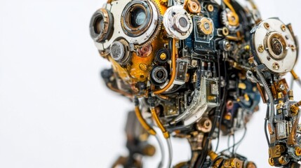 Detailed mechanical robot sculpture showcasing intricate design and craftsmanship in a studio setting